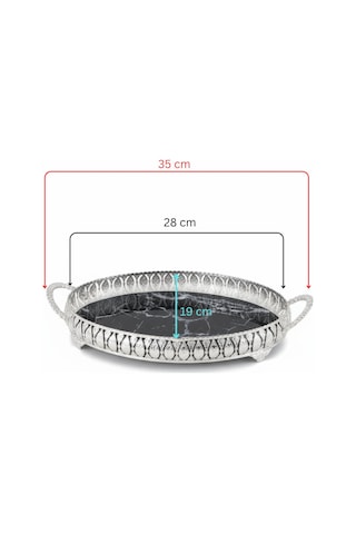 3 Adet Gümüş Renk Mermer Desen Metal Çerçeveli Cam Tepsi - 28x19 Cm Gümüş