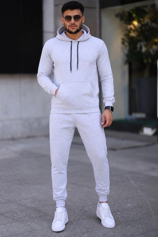 Moda Erkek İki İplik Kapüşonlu Kanguru Cepli Sweatshirt Jogger Pantolon Alt Üst Eşofman Takımı - Gri Çok Renkli
