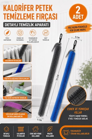 Kalorifer Petek Temizleme Fırçası 70 Cm 2 Adet Esnek Radyatör Temizlik Fırçası Toz Alma Aparatı Yer Silme Mopu