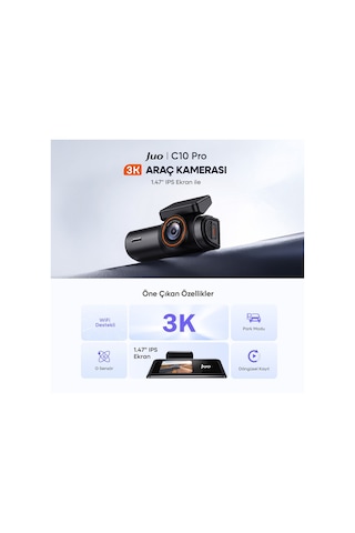 Juo C10 Pro 3k Uhd Hdr Wifi Ekranlı Araç Kamerası 170 Derece Geniş Açı Gece Görüşlü G-sensörlü Araç İçi Kamera
