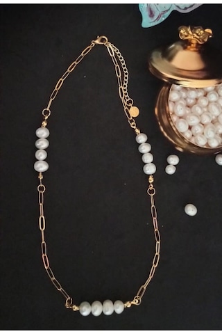 24k Altın Kaplama Gerçek İnci Kare Zincir Detaylı Kolye Sevgili A Çok Renkli