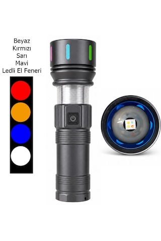 8000 Lümen 80 Watt Güçlü El Feneri - 4 Ledli Kırmızı Beyaz Mavi Sarı Gp-284 Gri