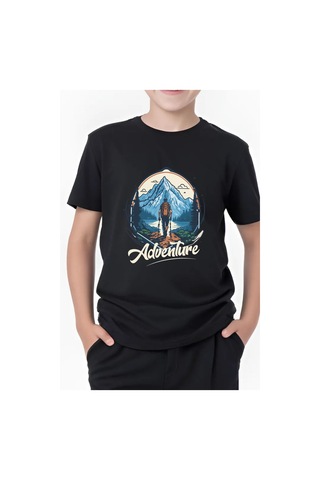 Adventure Baskılı Erkek Çocuk Yuvarlak Yaka Kısa Kollu T-shirt Siyah