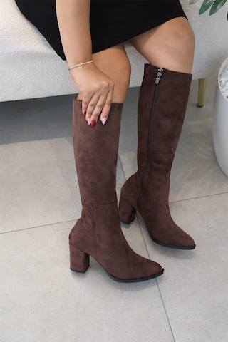 Asmi Shoes Kadın Lamor Kahve Süet 7 Cm Topuklu Yandan Fermuarlı Diz Altı Çizme 400