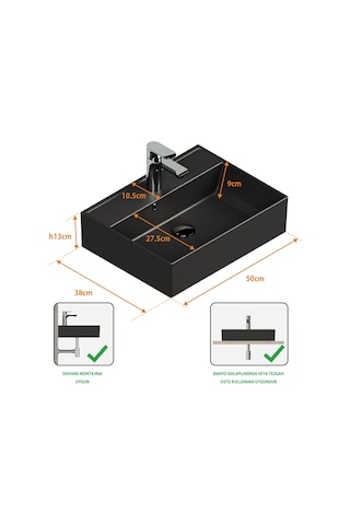 Aqua Bagno Plan Tezgah Üstü Kare Çanak Lavabo 50 x 38 CM Mat Siyah Beyaz