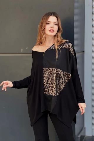 Leopar Desenli Suni Deri Detaylı Bluz Siyah