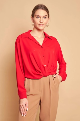 Yakalı Önü Pileli Uzun Kol Likrasız Şık Kumaş Gömlek-kırmızı Kırmızı
