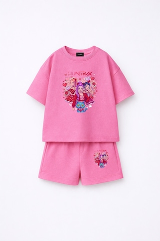 Fasardi Kpop Demon Hunters Huntrix Zoey Rumi Mira Baskılı Oversize %100 Pamuk Tişört Şort Çocuk Takım Pembe