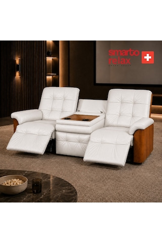 Smarto Relax Berlin 3 Lü Orta Konsollu Bardaklıklı Yatar Ayak Uzatmalı Ergonomik Deri Sinema Tv Koltuğu Beyaz