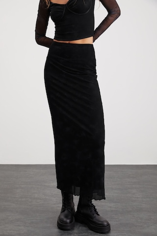 Grımelange Beulah Kadın Maxi Boy Slim Fit Beli Lastikli Tül Batik Desenli Siyah Etek Siyah