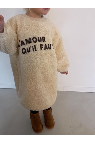 Kız Çocuk Yeni Sezon Taba - Taş Renk Nakış Detay İşlemeli Peluş Midi Boy Elbise Taş