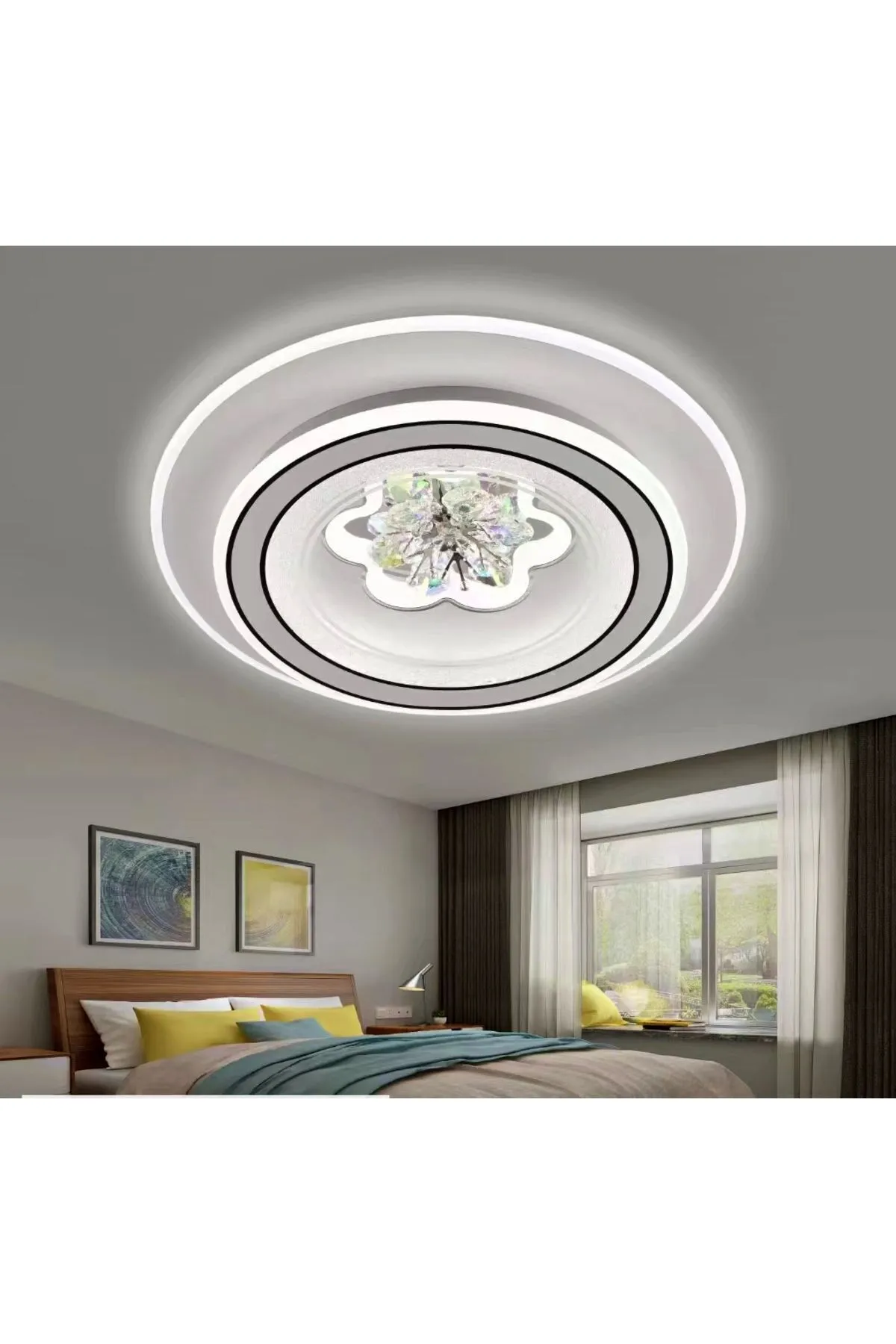 Kristal Çiçekli Lüx Avize Kumandalı Dimmerli 3 Renk Ledli Oturma O,çocuk O, Mutfak, Yatak Odası Beyaz