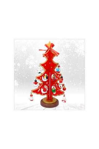 20 Parça Süslü Ahşap 27cm Mini Yılbaşı Ağaç Seti - Kırmızı