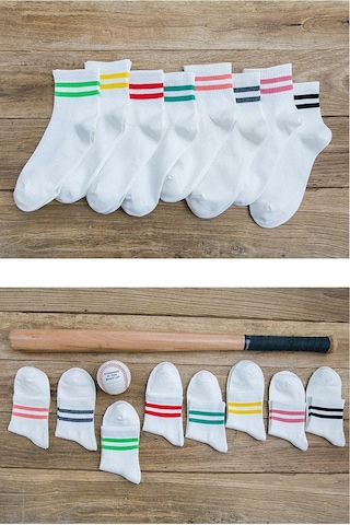 Bgk Unisex 8 Çift Koton Ekonomik Beyaz Renk Desenli Tenis Çorap Beyaz