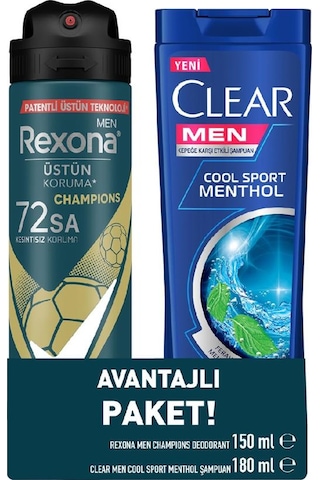 Rexona Champions Erkek Sprey Deodorant 150 ML + Clear Men Cool Sport Menthol Şampuan 180 ML