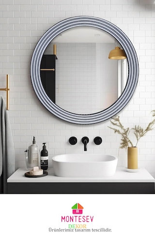 Zümrüt Ahşap Gümüş Yuvarlak Ayna Işlemeli Duvar Banyo Aynası 43cm Gümüş