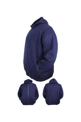 Erkek Büyük Beden 105 - 185 Kilo Arası İçin Uygun Kapüşonlu 3 İplik Şardonlu Kışlık Kalın Sweat Mont Indigo