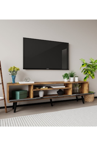 Roma Ahşap Ayaklı Tv Ünitesi Tv Sehpası Ceviz-antrasit