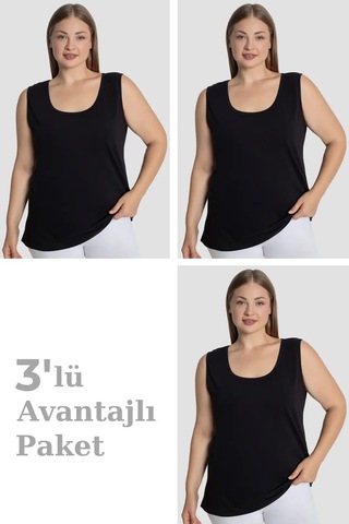 Astrid T Premium Yuvarlak Yaka Tekstil Giyim Ürünü Kadın Pamuklu Büyük Beden Kalın Askılı Atlet 3'lü Paket Siyah-3