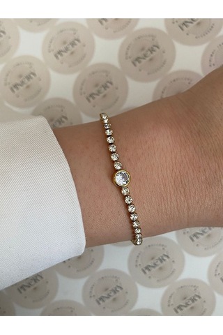 Pinery Jewels Oval Zirkon Taşlı Çelik Kararmaz Kelepçe Kadın Bileklik Altın