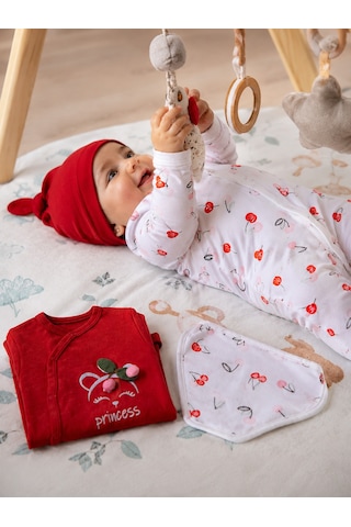 Babyhola %100 Pamuk Kirazlı 2'li Patikli Tulum Önlük Bere 4'lü Set 23608 Göründüğü Gibi