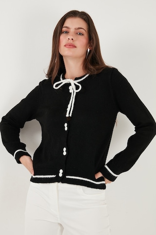 Lela Premium Fitted Fit Bağlamalı Yaka Düğmeli Triko Bayan Hırka 680Hi002408 Siyah