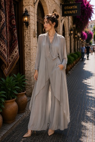Bohem Stil Italyan Ipek Detaylı Oversize Kap Bluz- Wes Pantolon Takım Koyu Vizon