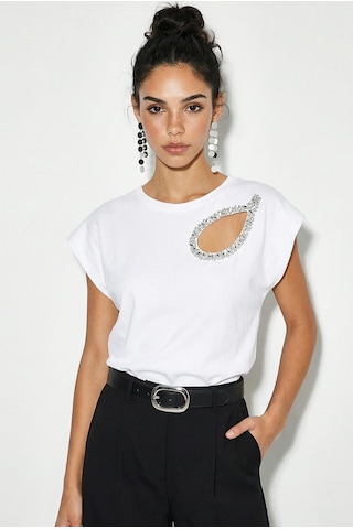 Shade Kadın Taş İşlemeli Vatkalı Omuz Detaylı Pamuk T-shirt 1075 60286066 - Beyaz L