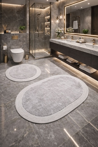 Melena Carpet Premium Kaymaz Taban Peluş Banyo Paspası Seti Jüt Kenar Detaylı 2 Li Oval Yuvarlak 100x60 60x60 Açik Gri