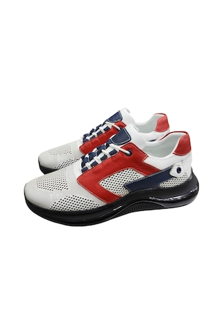 King Shoes Hakiki Deri Kalın Taban Erkek Sneaker Beyaz - Kırmızı