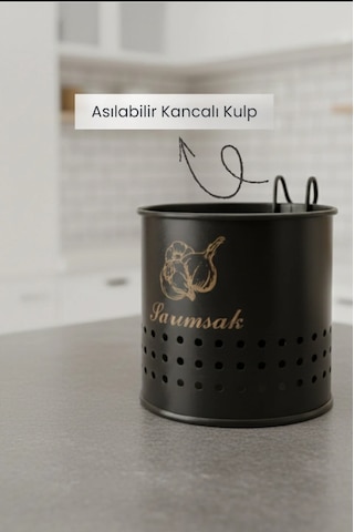 Metal Lüx Asılabilir Siyah Sarımsaklık Kovası Sarımsak Saklama Kabı