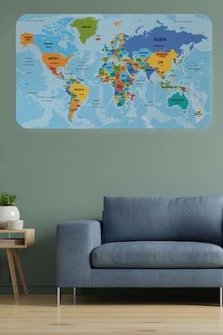 Türkçe Eğitici Ülke Ve Başkent Detaylı Atlası Dünya Haritası Duvar Sticker -60x105-3831 Çok Renkli
