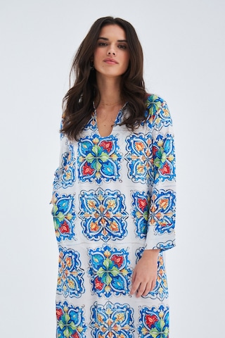 Peraluna RIA CAFTAN Çini Desenli Derin Yırtmaçlı Saten Kadın Kaft Çok Renkli