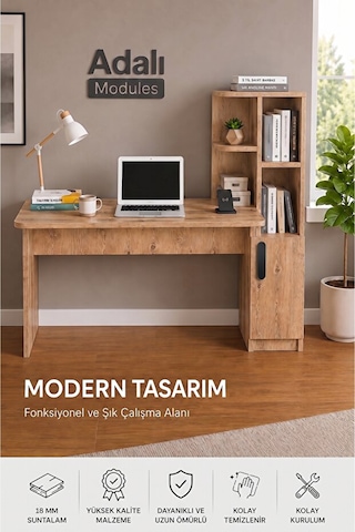 Ders Çalışma Masası Kavisli Kitaplıklı 120 Cm Çalışma Masası Öğrenci Masası Ofis Çalışma Masası Atlantik Çam