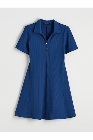 Lc Waikiki Lacivert Polo Yaka Fitilli Peplum Mini Elbise