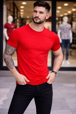 Veraura Lifestyle Erkek T-shirt Bisiklet Yaka Slim Fit Dar Kesim Likralı Tişört Günlük Basic Body - Kırmızı
