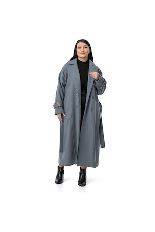 Büyük Beden Deri Biye Detaylı Fleto Cepli Kuşaklı Astarlı Kaşe Uzun Mavi Kaban Mavi