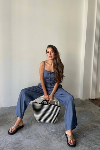 Tencel Crop Askılı Bluz - Şalvar Pantolon Tk - İndigo İndigo