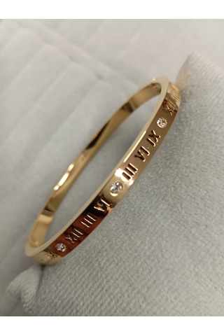 Romen Rakam Zirkon Taşlı Gold Renk Kelepçe Bileklik Gold
