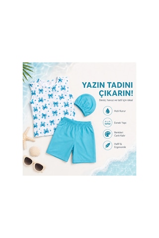 Rony Pony Kids Kız Çocuk Mavi Fiyonk Desenli 3 Lü Mayo Takımı Mavi Beyaz