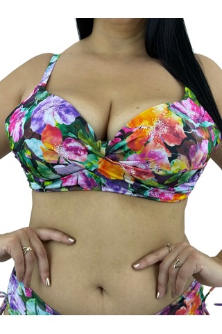 Büyük Beden Sabit Kaplı Toparlayıcı Çapraz Drapeli Yandan Bağlamalı Kadın Bikini Takım Çok Renkli