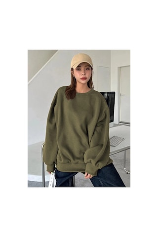 Moda Kadın Düz Bisiklet Yaka 3 İplik Sweatshirt - Yeşil Çok Renkli