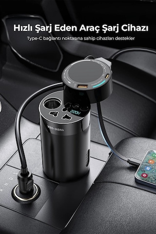 Ven-dens Vd-cc024 200w Maksimum Toplam Çıkışlı Araç İnvertörü, 12 24v Giriş, 200 240v 150w Ac Priz, 12v Dc Çıkış, Usb Ve Type-c Hızlı Şarj, Dahili Type-c Kablo