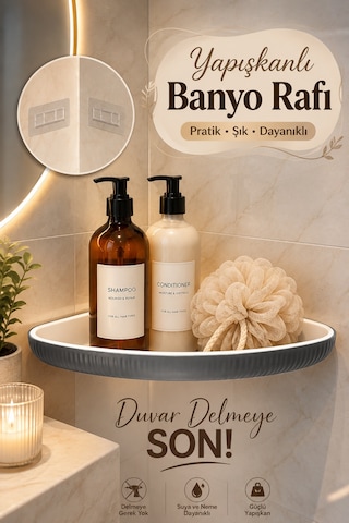 Porsima 0447 İstiridye Banyo Köşe Rafı Yapışkanlı Organizer Antrasit