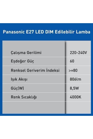 Panasonic Led Dimmerli Lamba 8.5w/4000k Ilık Beyaz Işıklı 806lm E27 Led Ampul