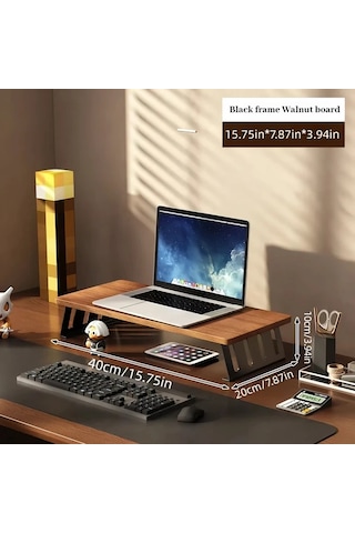 Motion003 Ergonomik Ahşap Monitör Standı Siyah Çerçeve Ceviz Tahtası 40 Cm Büyük Çift Ekran Masa Rafı