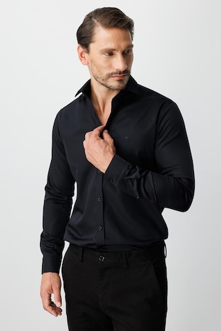 Igs Siyah Slim Fit Dar Kalıp Klasik Yaka Düz Uzun Kollu Cepsiz %100 Pamuk Gömlek-20003 Siyah