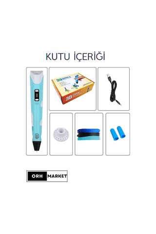 Mavi  3D Kalem 3D Pen Yazıcı Kalem – 3 Adet 3 Metrelik PLA Filament (Toplam 9M) + USB Kablo