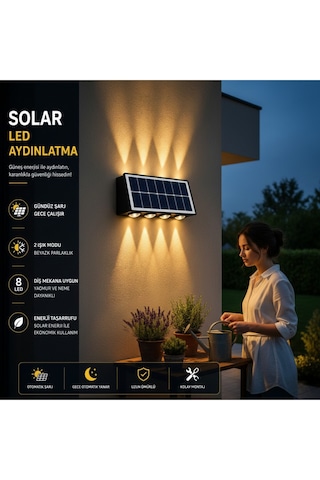 Solar Led Duvar Apliği 8 Ledli Bahçe Aydınlatması Güneş Enerjili Dış Mekan Bahçe Lambası, Su Geçirmez Sensörlü