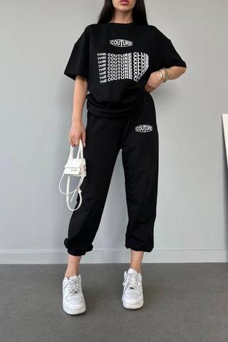 Couture Club T-shirt Eşofman Altı Jogger- Siyah Baskılı Alt Üst Eşofman Takım Oversize Bisiklet Yak Siyah